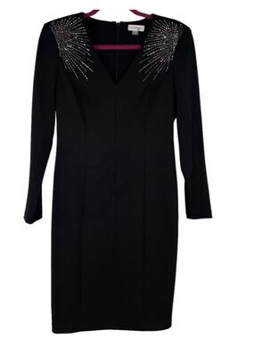 Calvin Klein V-Neck Sheath Dress Embellished Shoulders Black Size 6.